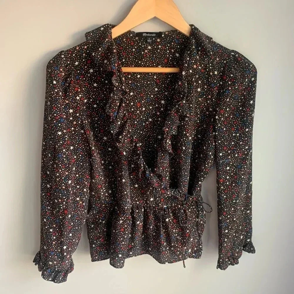 Madewell Silk Ruffle-Hem Wrap Top in Starry Night